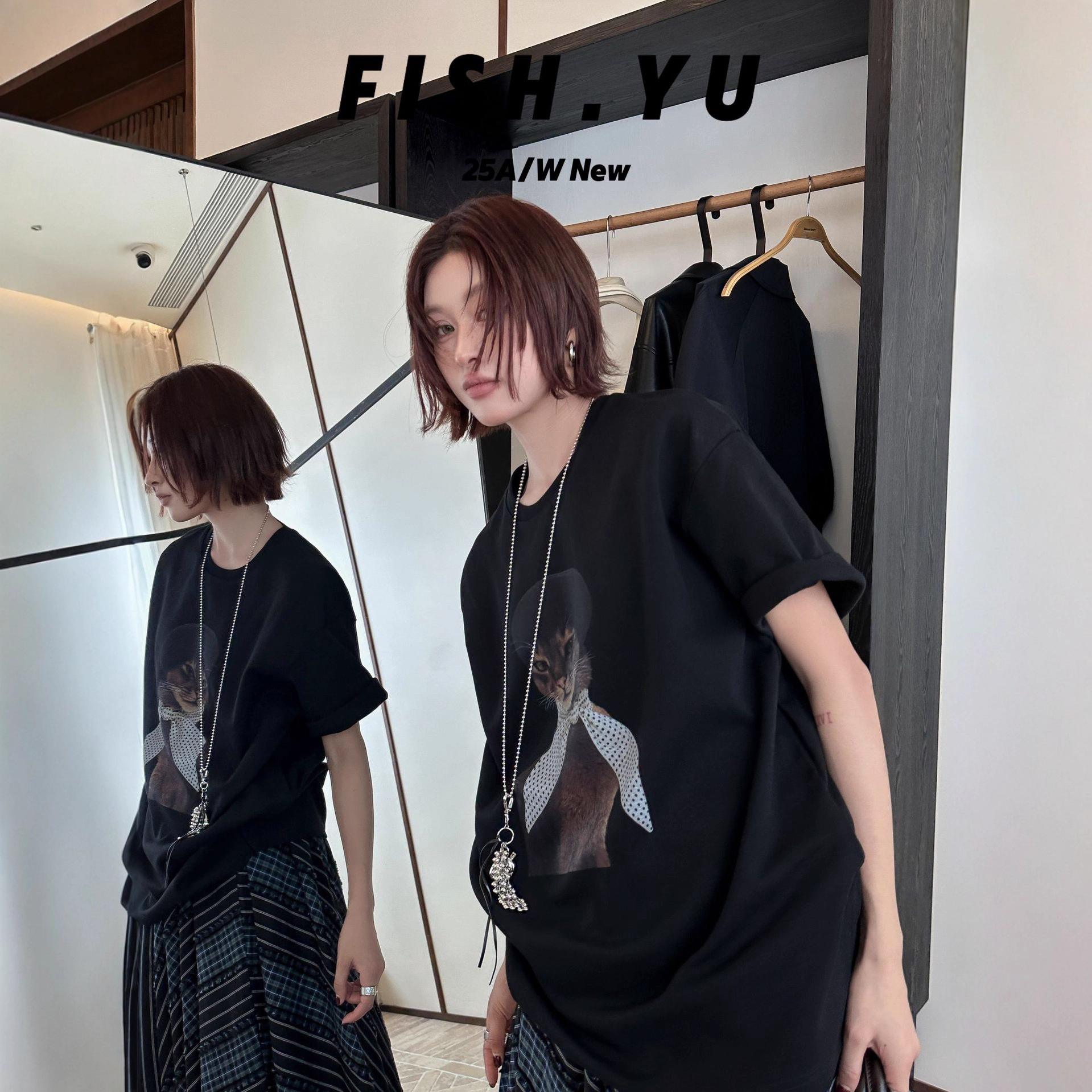 FISHYU 早秋新款美式复古娇贵猫咪直喷印花潮牌高街休闲短袖t恤女