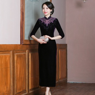 性感胸前半透 秋冬丝绒改良旗袍修身婚宴结婚妈妈时尚洋气连衣裙