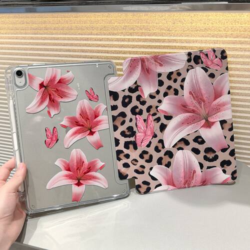 Pink leopard print lily flowers clear case适用ipadPro11 2022 2021 Air 1/2/3 10.5 4 5 10.9 11 A16 A18