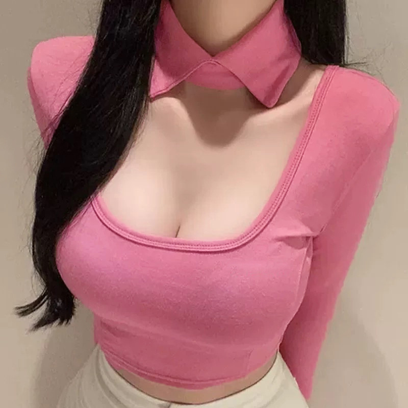 韩国东大门新品 私服版型6~超欲小翻领镂空低胸显腰身长袖T恤