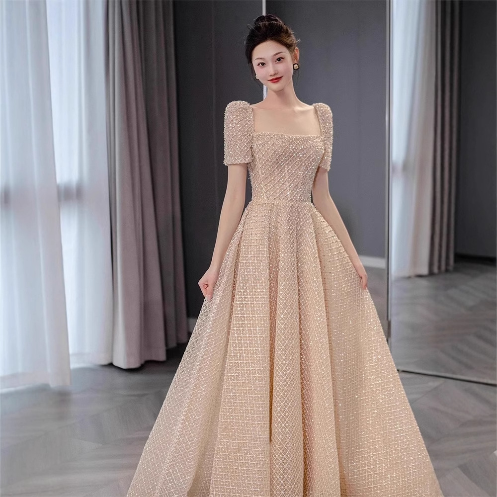 晚礼服香槟色端轻奢小众年会晚宴主持人级感法式亮片方领优雅
