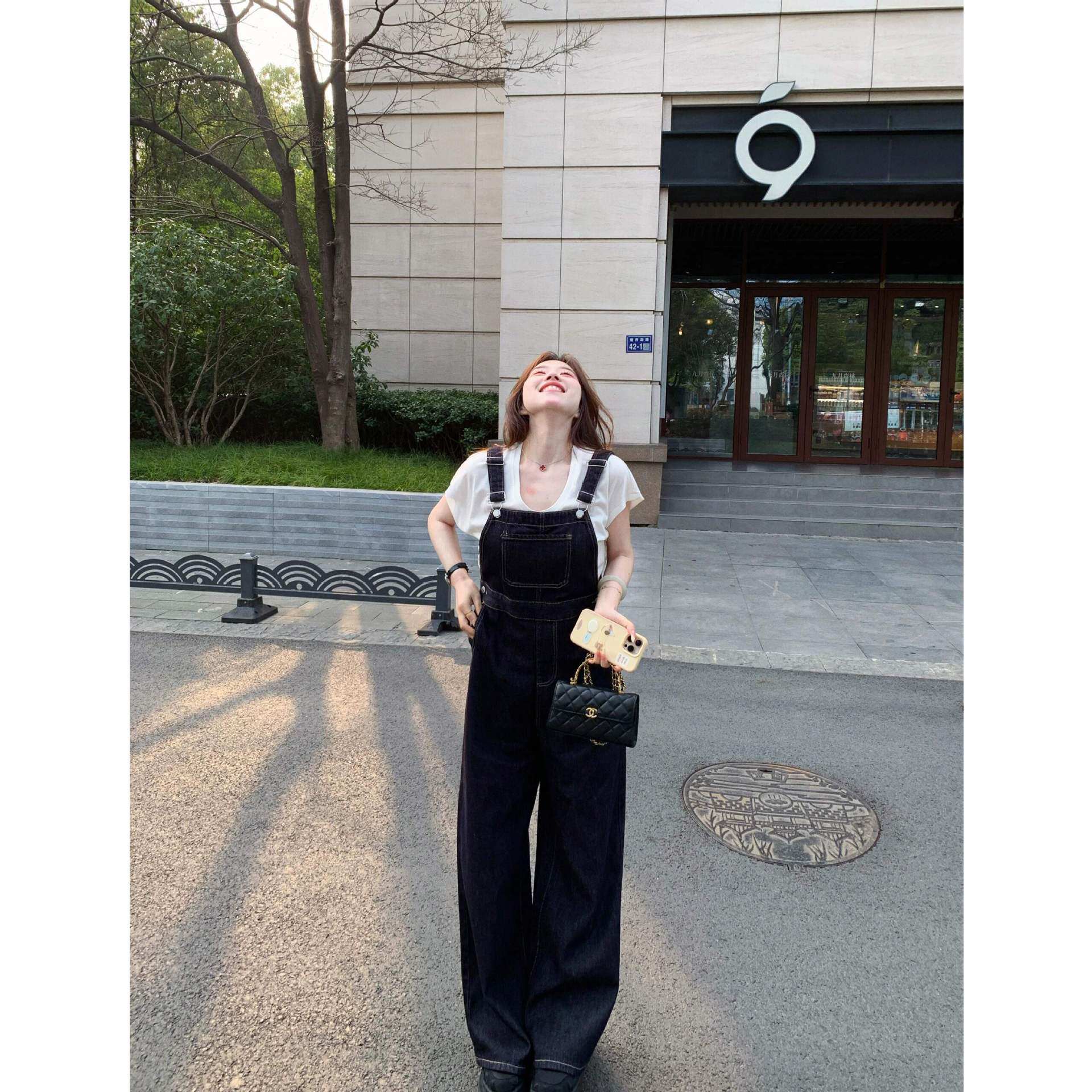 KKi美式高街深蓝阔腿裤牛仔裤背带裤女款显瘦高腰宽松垂感连体裤