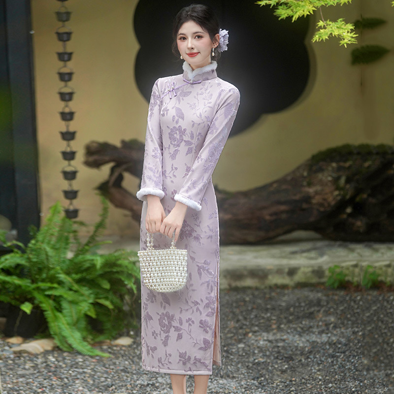 紫色冬装加绒加厚国风中式长款长袖改良旗袍2025新款女复古秋冬季