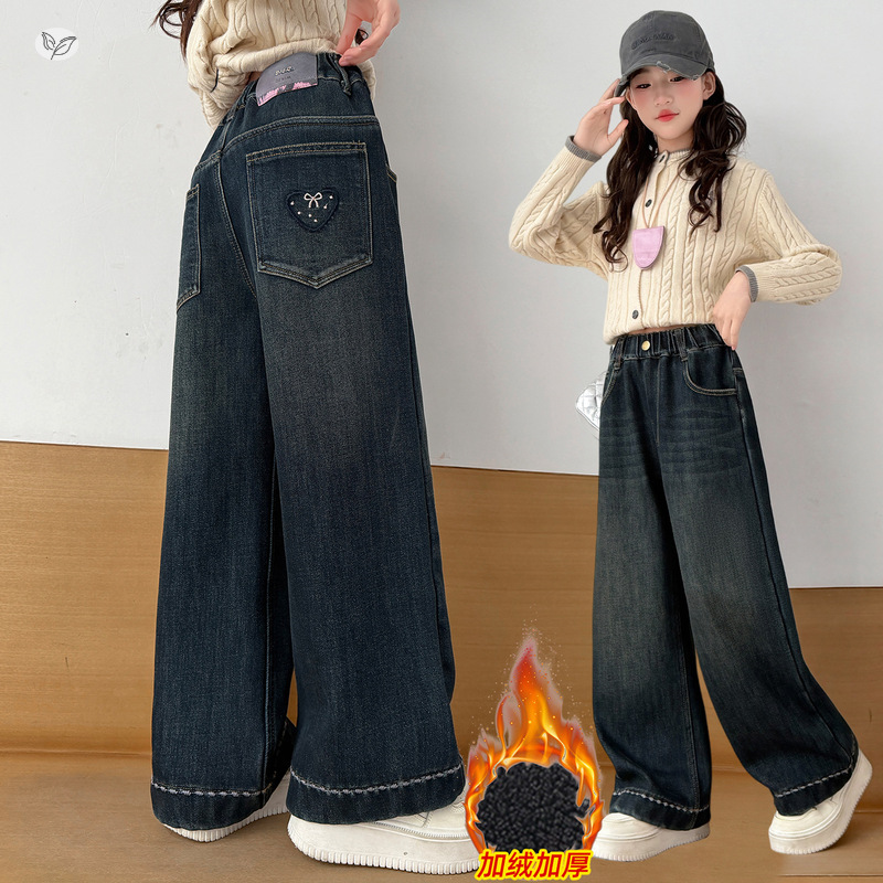 女童复古加绒牛仔裤2025年秋冬新款中大童后袋刺绣阔腿裤直筒长裤，童装裤子，祺儿童装