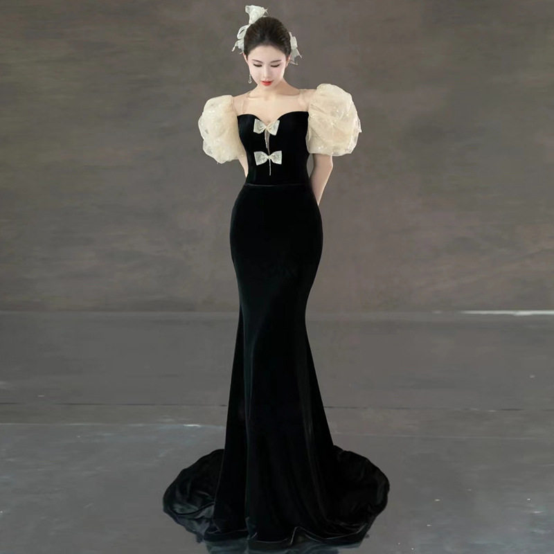 黑色泡泡袖晚礼服2026新款轻奢鱼尾年会艺考拖尾公主裙连衣裙跨境