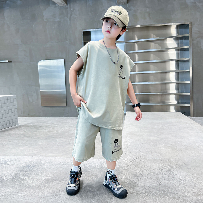 痞帅童夏装套装2025新款大儿童夏季背心运动服韩范两件套薄款潮，童装休闲套装，祺妙童装