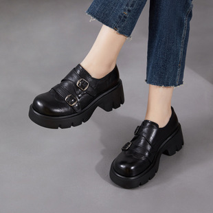 复古圆头皮带扣小皮鞋女26春新款真皮增高厚底英伦风百搭乐福单鞋