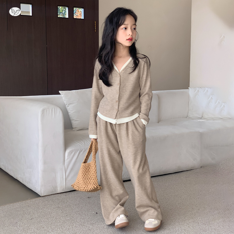 女童开衫套装2025秋季新款假两件上衣阔腿裤两件套中大童垂感洋气，童装休闲套装，祺儿童装