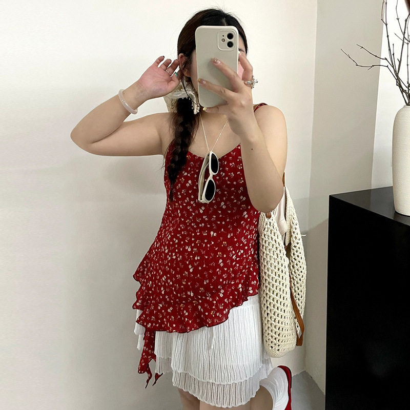 ND1558大码女装不规则荷叶边背心女2026夏款胖mm外穿内搭碎花吊带