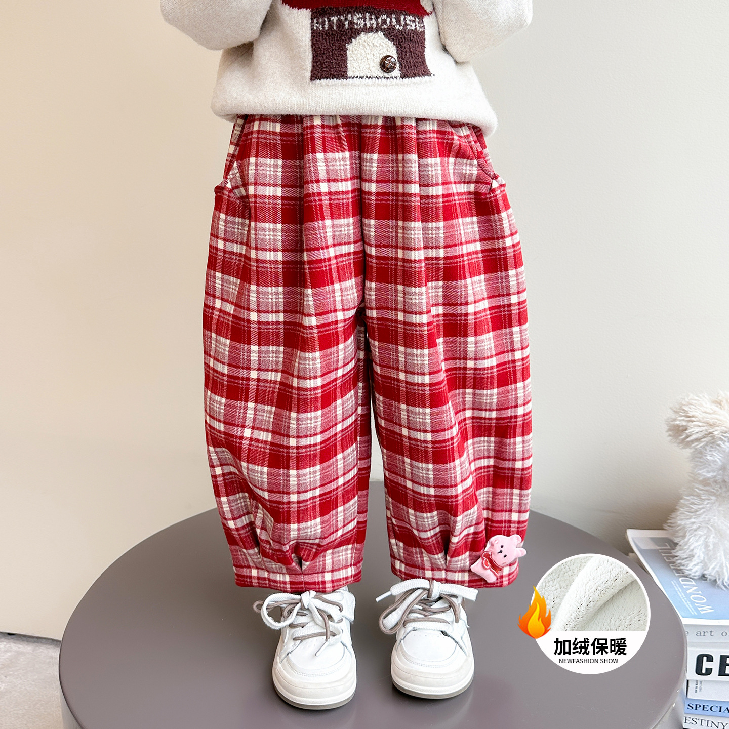 女童加绒裤子冬季2025新款韩版儿童加厚格子直筒裤冬装休闲裤P62，童装裤子，祺妙童装