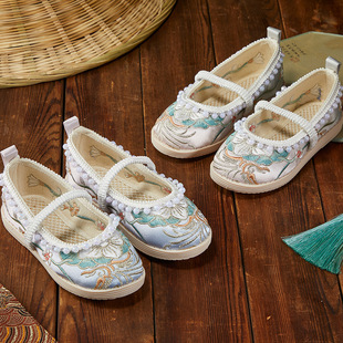 民族风汉服绣花鞋女童老北京布鞋休闲牛筋底儿童舞蹈鞋花边童鞋