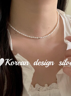 韩国ins风设计亮银饰品 S925纯银温柔爱心天然珍珠项链叠戴级感