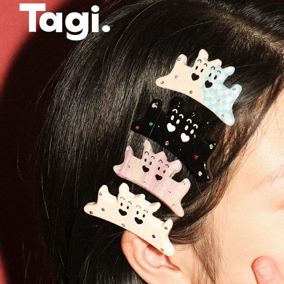 Tagi.两只小狗彩色镶嵌钻石可爱醋酸刘海夹发卡发夹图片