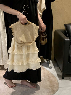 女童无袖套装夏季韩版新款女宝宝蕾丝套头纯色背心流苏半裙两件套