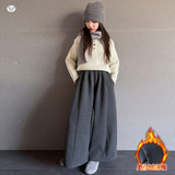 女童加绒毛呢裤2025年秋冬新款中大童纯色阔腿裤休闲九分裤直筒裤，童装裤子，祺儿童装