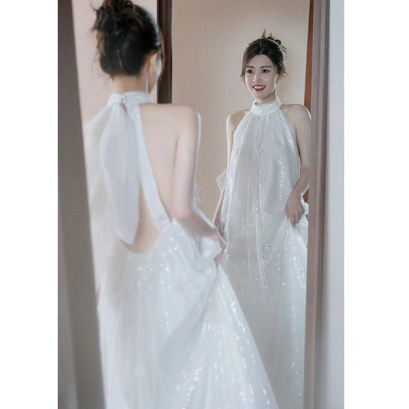 新中式晨袍女新娘结婚晨拍礼服级感订婚连衣裙小众轻婚纱小个子