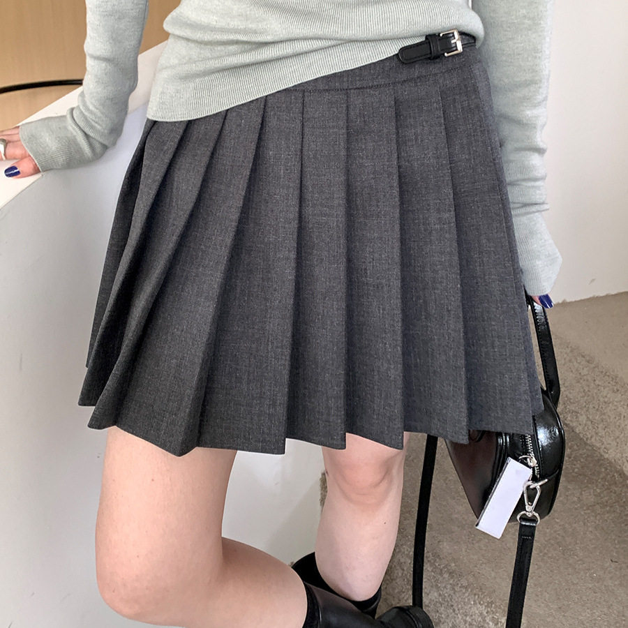 薇颂服饰韩系复古学院风灰色百褶裙春夏新款腰a字短款半身裙女