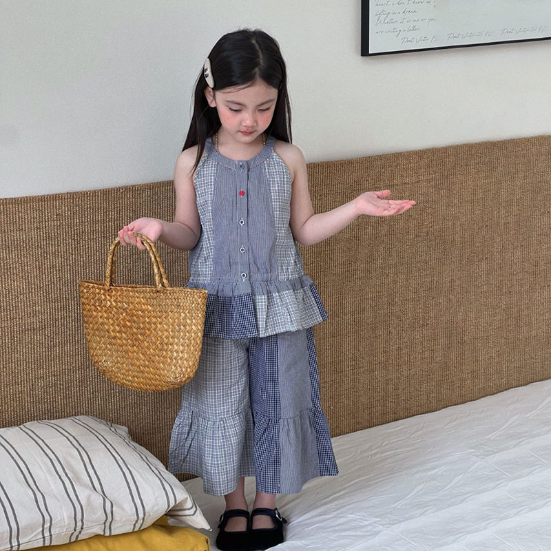 女童夏款套装2026新款韩范儿童田园格子背心上衣拼接阔腿裤子韩系
