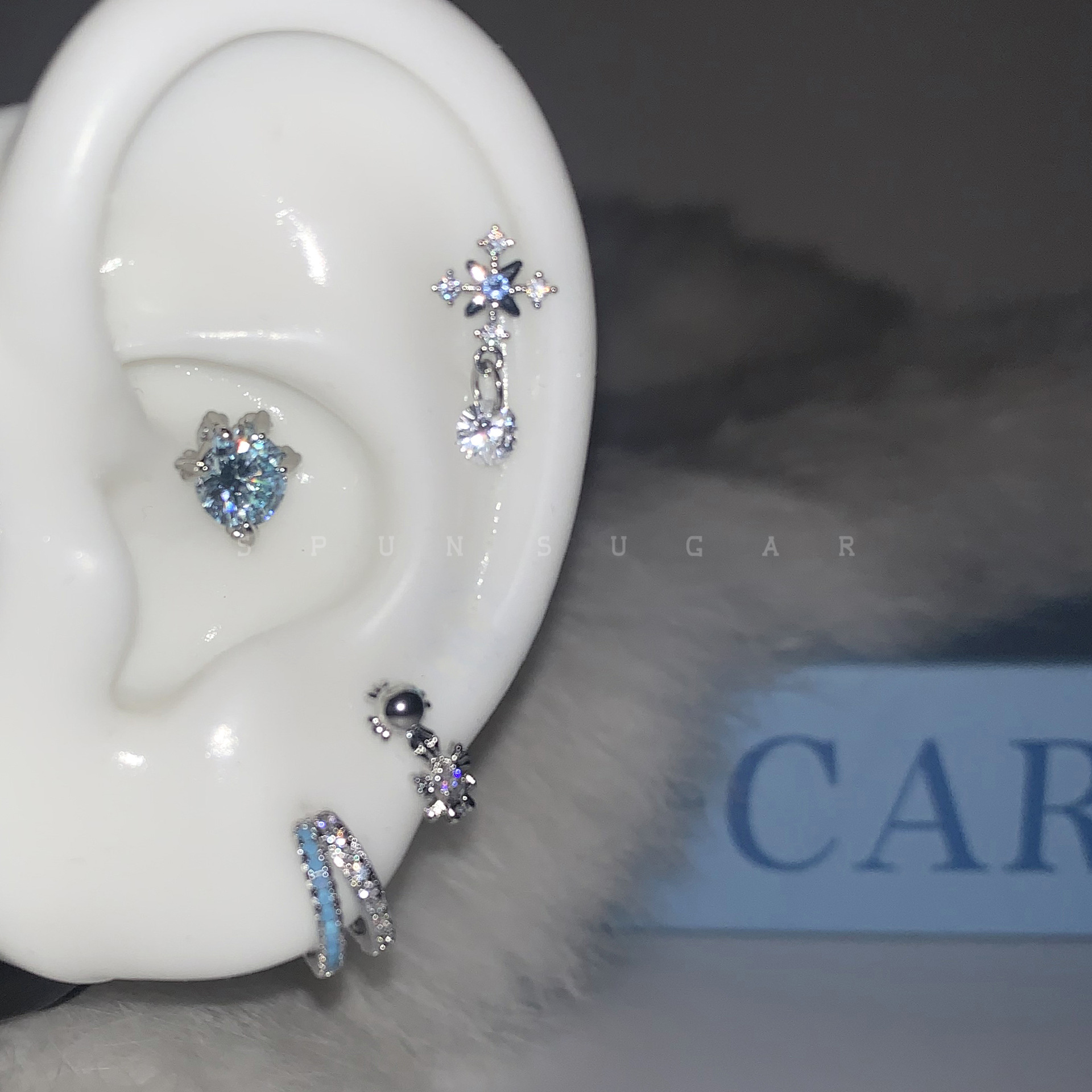 蓝色十字雪花坠耳骨钉钛钢U型十字架耳圈叠带小众双层蓝色耳环女