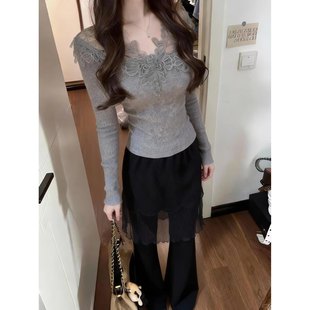 纯欲蕾丝拼接V领针织衫女秋冬春装修身内搭打底衫上衣氛围感毛衣