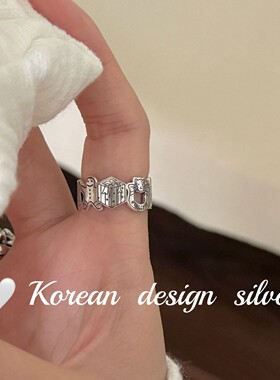 日系韩版小清新个性指环 S925纯银做旧涂鸦姜饼人猫咪房子戒指女