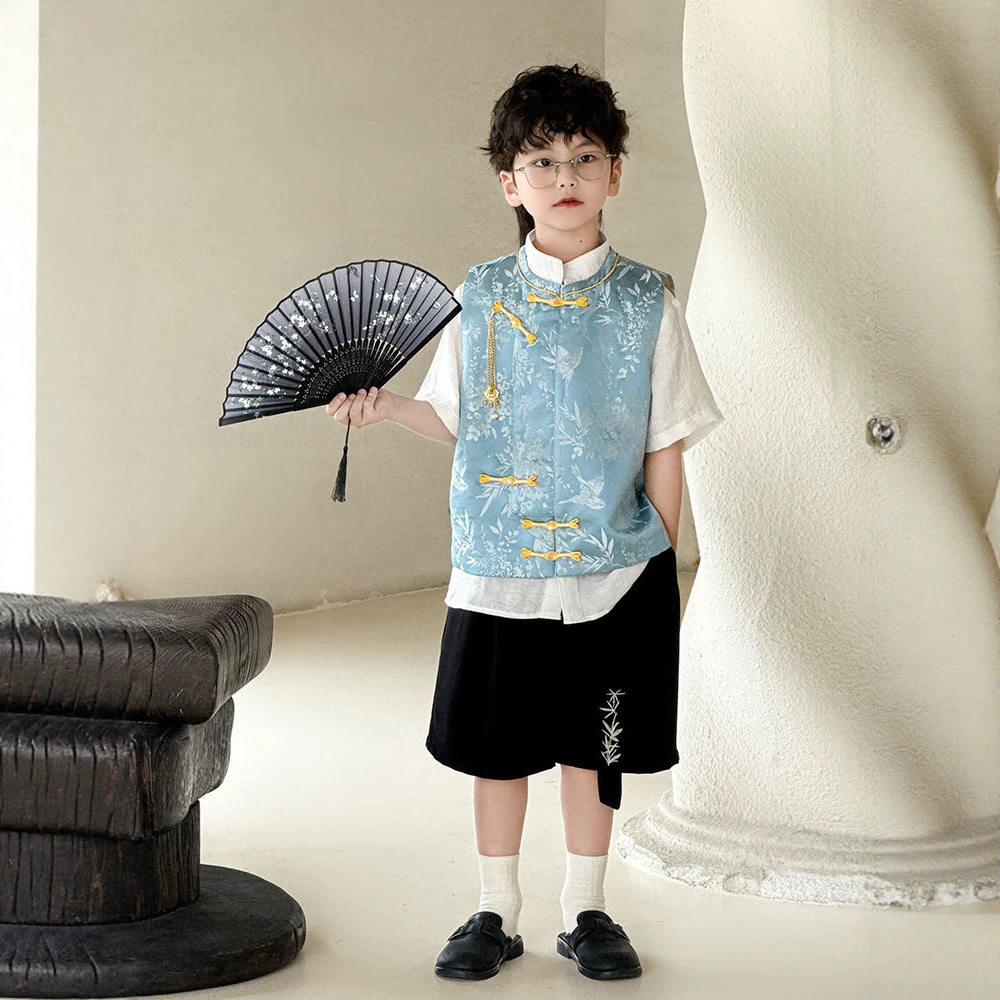 中式男童马甲套装夏季新款儿童帅气唐装汉服背心洋气中国风演出服