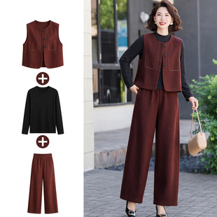 贵夫人中年女装春秋款马甲上衣中老年人洋气衣服妈妈秋装时尚套装