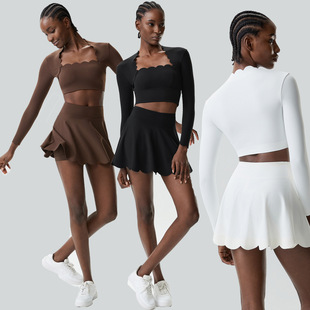 跨境小波浪瑜伽服网球服套装女弹力欧美运动健身服两件套跑步衣服