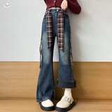 女童2025年冬季新款侧接格子拉条牛仔喇叭裤女大童个性时尚阔腿裤，童装裤子，祺儿童装