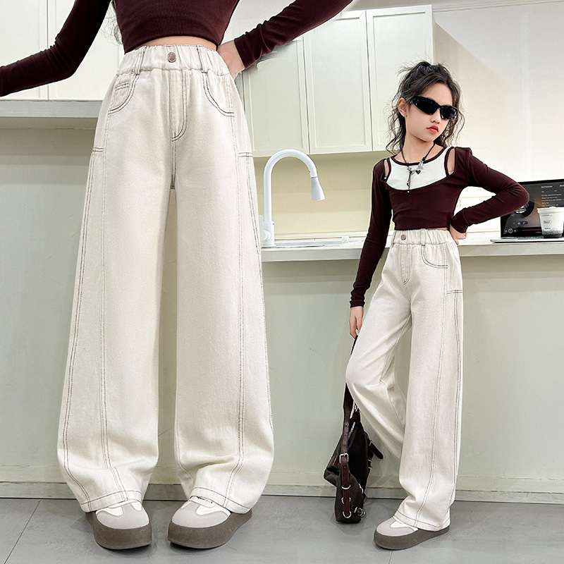 女童春季2025新款儿童洋气休闲阔腿裤女孩春装窄版直筒裤子拖地裤，童装裤子，祺儿童装