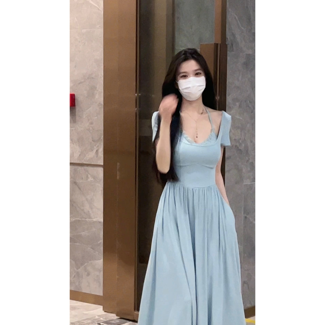 法式感挂脖蕾丝性感连衣裙女夏季小众轻熟风收腰气质a字长裙