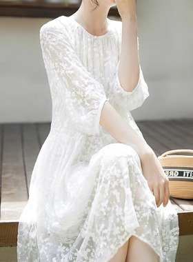 大牌代工镂空刺绣桑蚕丝仙女裙子端真丝白色连衣裙杭州四季青女装