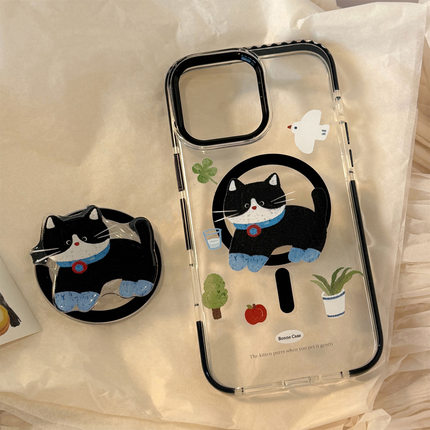 U记酷炫小黑猫磁吸支架手机壳适用苹果17promax透明壳iPhone16pro童趣15卡通14pro萌系13ins12磁吸壳11保护套