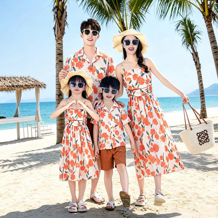 2026新款亲子装夏装海边旅游度假碎花港风衬衫波西米亚母女连衣裙