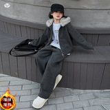 女童加绒套装2025年冬季新款中大儿童韩系大毛领外套阔腿裤两件套，童装休闲套装，祺儿童装