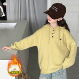 女童秋冬加绒毛衣2025新款中大童连帽针织衫长袖套头上衣冬装内搭，童装毛衣，祺儿童装