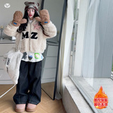 女童夹棉毛毛衣2025冬季新款中大童字母绣花外套短款保暖外出上衣，童装外套，祺儿童装