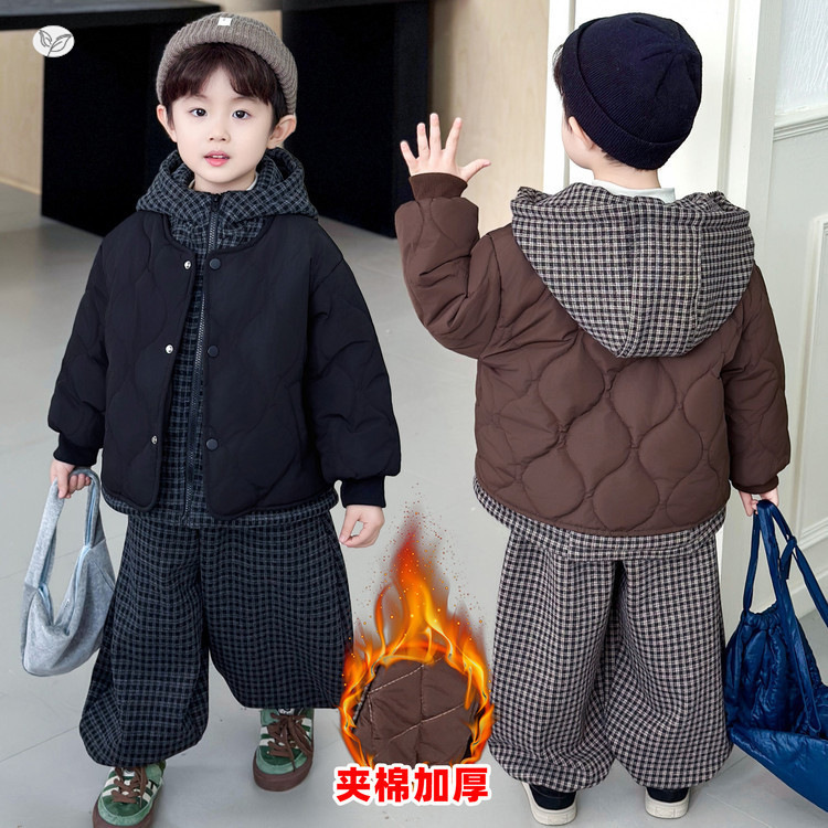 童冬装拼接绗缝假两件棉衣套装儿童夹棉加厚两件套中小童衣服，童装休闲套装，祺儿童装