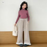 女童2025年冬季新款珍珠毛边羊驼绒针织微喇裤女大童加绒休闲裤子，童装裤子，祺儿童装