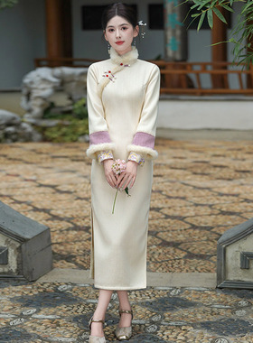 25年白色加绒冬装国风新中式长款长袖女旗袍厚款改良年轻款女级感