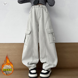 女童工装裤加绒加厚2025年秋冬新款大口袋休闲阔腿裤中大童弯刀裤，童装裤子，祺儿童装