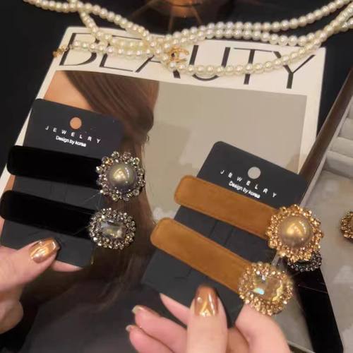 复古雅丹风植绒水钻发夹女秋冬刘海发卡子气质侧边碎发bb夹子头饰