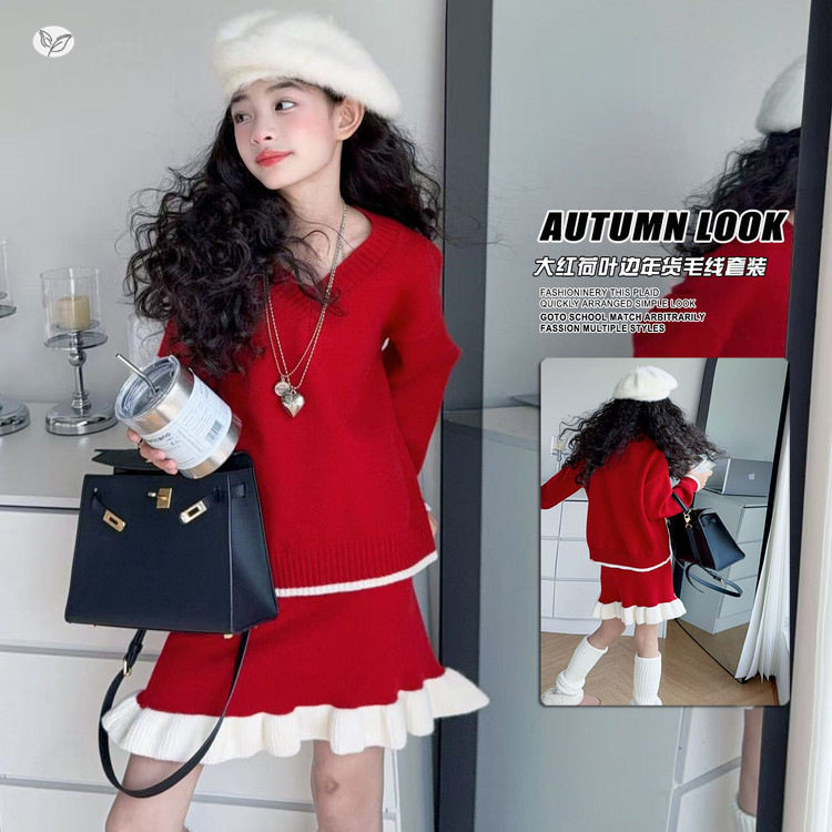 女童套装2025年秋冬新款中大童V领毛衣荷叶边短裙针织两件套春秋，童装休闲套装，祺儿童装