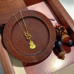 s925纯银镀黄金色碎冰冰双葫芦项链女锤纹爆闪亮流苏葫芦银饰礼物