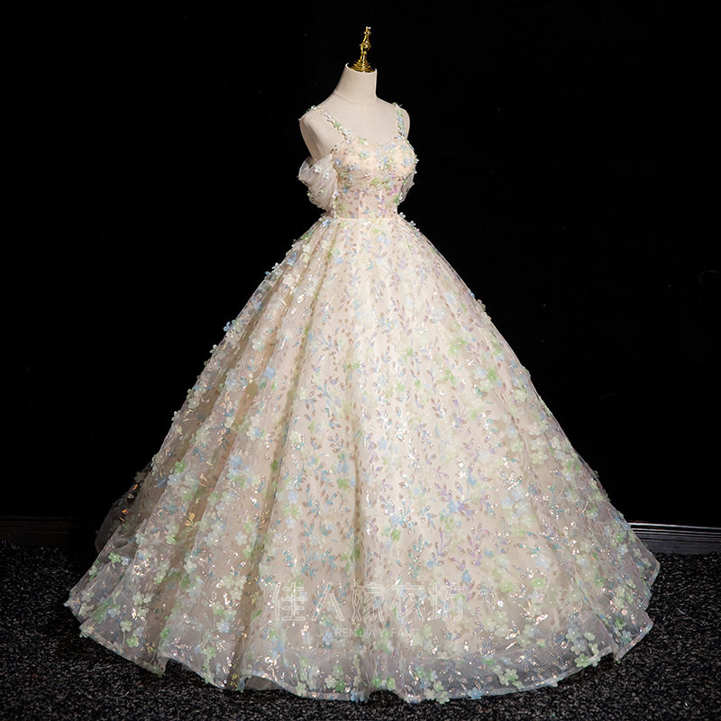 一字肩香槟色晚礼服舞台美声独唱蓬蓬裙声乐演出艺考花仙子礼服