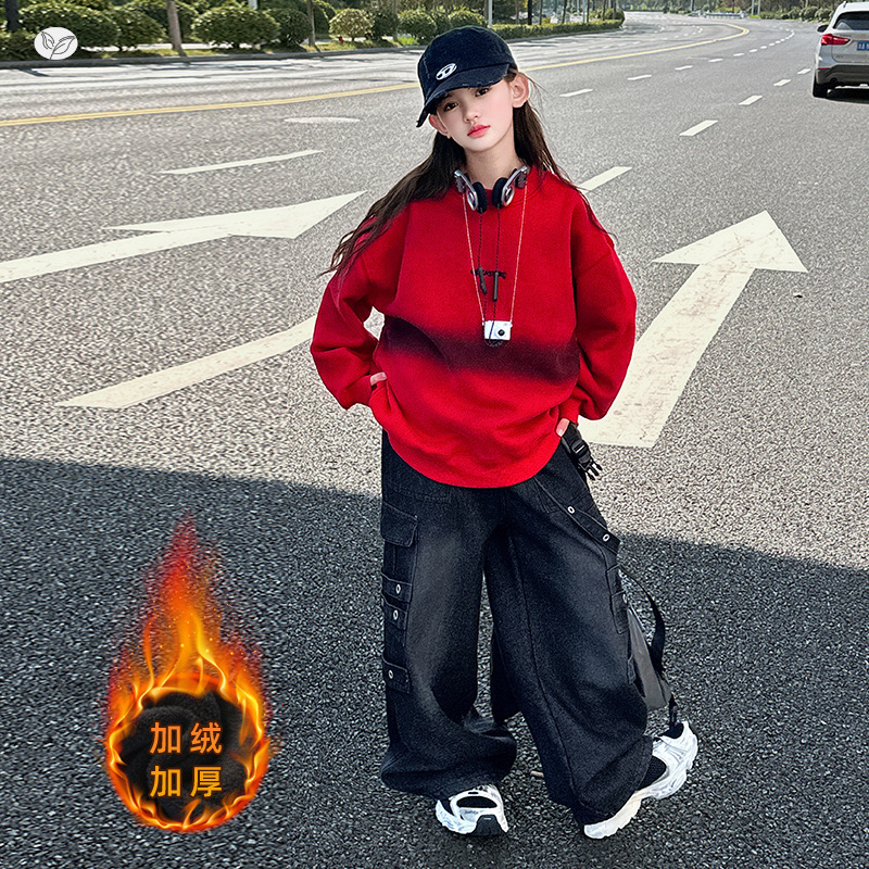 女童秋冬加绒卫衣套装2025年新款印花帽衫工装牛仔裤两件套中大童，童装休闲套装，祺儿童装