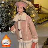 女童皮毛一体外套加厚2025年冬季新款中大儿童韩系夹克衫翻领棉衣，童装棉衣，祺儿童装