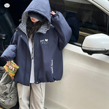 女童2025年冬季新款拼色格子夹棉连帽外套儿童休闲挡风户外冲锋衣，童装外套，祺儿童装