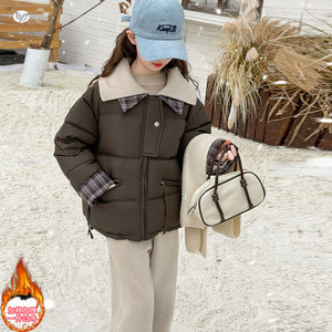 女童2025年冬季新款夹棉外套中大童韩系格子拼接棉衣时尚短款棉服,童装棉衣,祺儿童装