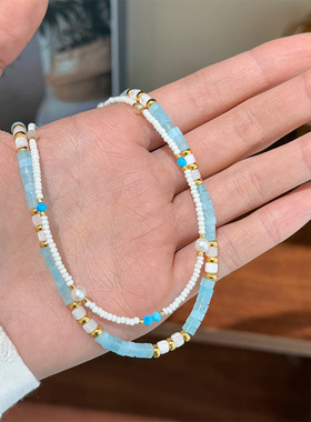 新中式蓝白简约时尚百搭精致小米珠天然石串珠项链轻奢小众锁骨链